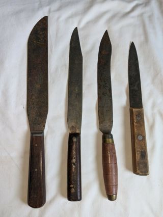 (4) Antique Vintage Rare & Unusual Wooden Handle Butcher Knives Carving Knife
