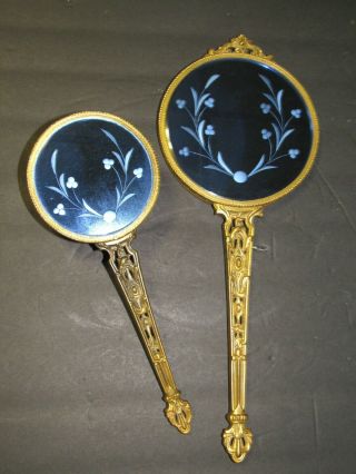 Rare Vintage / Antique Art Deco Blue Beveled Mirror Brush Set Ornate Gold Vanity