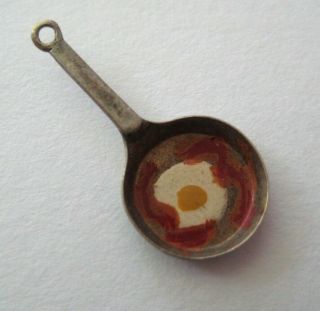 Vintage Sterling Enamel Bacon & Eggs Frying Pan Silver Bracelet Charm