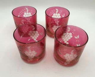 Vintage Cranberry Cut To Clear Grape Etched On The Rocks Glasses Tumblers