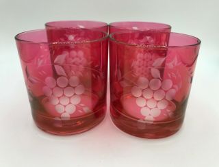 VINTAGE CRANBERRY CUT TO CLEAR GRAPE ETCHED ON THE ROCKS GLASSES TUMBLERS 2
