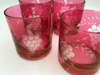 VINTAGE CRANBERRY CUT TO CLEAR GRAPE ETCHED ON THE ROCKS GLASSES TUMBLERS 3