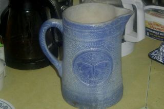 Antique Blue & White Stoneware Bjtterfly Motif Milk Pitcher Salt Glazed Pottery