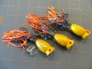 3 Vintage Fred Arbogast Hula Poppers - Yellow - 1 1/2 Inch Body