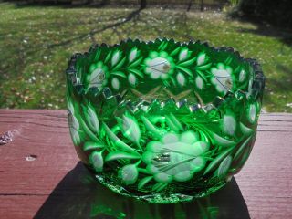 Vintage Green Cut To Clear Bohemian Glass Bowl W Roses & Foliage