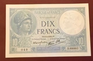 France French 10 Franc Bank Note 1939 Pick 84 About Unc World War Ii Era Rare