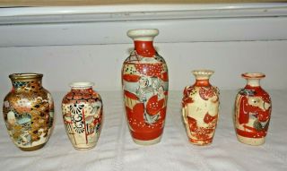 Antique Japanese Miniature Pottery Vases 3.  5 " - 6 " 5 Vases Satsuma