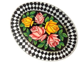 52mm Vintage Czech Reverse Painted Rose Bouquet Crystal Glass Cabochon Element