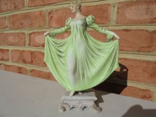 Antique Bisque Porcelain Art Nouveau Style Woman In Green Dress Figure 7 "