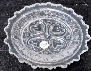 Antique Clear Lacy Glass Cup Plate,  " 4 - Heart " Pattern,  Lr 448,  Midwest,  C.  1840