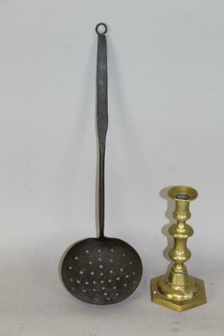 Rare 18th C Deep Pan Wrought Iron Strainer In Great Old Surface And Patina
