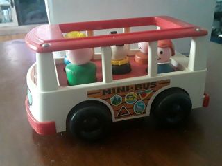 Vintage Fisher Price Little People White & Red Mini - Bus With 5 Figures