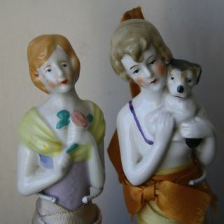 2 Antique Half Doll Whisk Brooms 8 1/2 " German Lady Holding Dog - 8 " Japan Lady