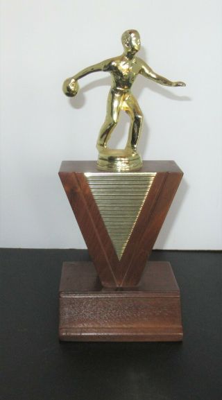 Vtg 1960 Bowling Trophy W/ Wooden Base 10 " Tall,  3.  5 " X 4 " Base