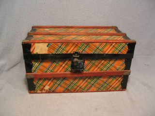 Vintage Small Steamer Trunk Storage Chest Antique Wood Box Plaidpaper Distresse