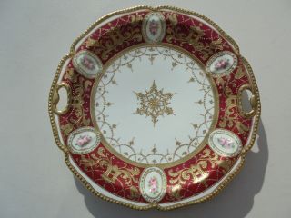 Antique Noritake Nippon Porcelain Red Gold Encrusted Hdld Cake Plate Hp Roses