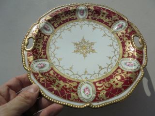 Antique Noritake Nippon Porcelain Red Gold Encrusted Hdld Cake Plate HP Roses 2