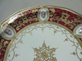 Antique Noritake Nippon Porcelain Red Gold Encrusted Hdld Cake Plate HP Roses 3