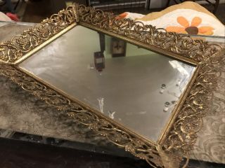 Vintage Antique Gold Gilt Vanity Mirror Footed Tray 2