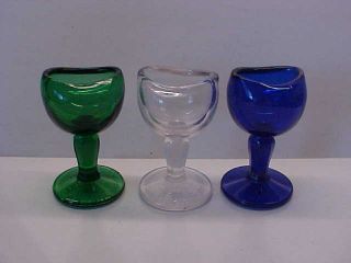 3 Different John Bull Eye Wash Glass Cups Cobalt Blue Green\teal & Clear
