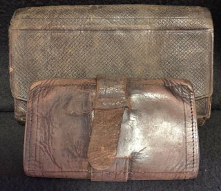 2 Antique Civil War Era Leather Folding Wallets Red Brown Accordion 3 Section