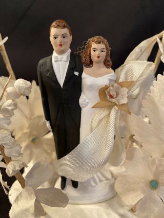 Vintage 1930 ' s - 1940 ' s Wedding Cake Topper Ceramic Bride Groom Bells 10 - 3/4 