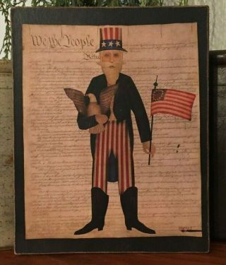 Primitive Folk Art Uncle Sam American Constitution Print On Canvas Board 8x10”