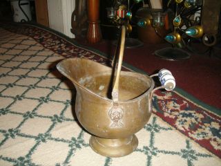 Vintage Copper Brass Coal Scuttle Bucket Blue White Delft Handle Primitive