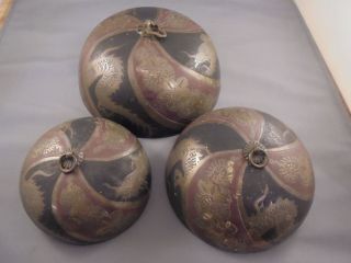Set Of 3 Antique Brass Bronze Chinese Temple Bells W Dragons Etc