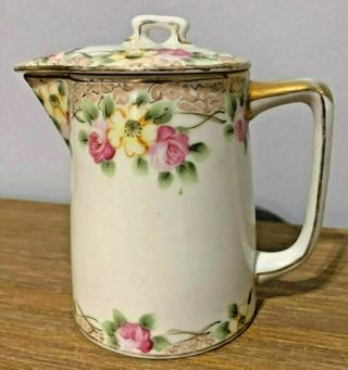 Antique Hand Painted Nippon Pink Flowers Pitcher With Lid C.  1891 - 1921