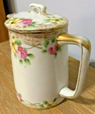 Antique Hand Painted Nippon Pink Flowers Pitcher with Lid c.  1891 - 1921 3