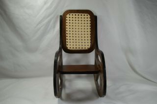 Vintage Dark Finish Wooden 13.  5 Inch Rocking Chair Wicker Back Doll Furniture