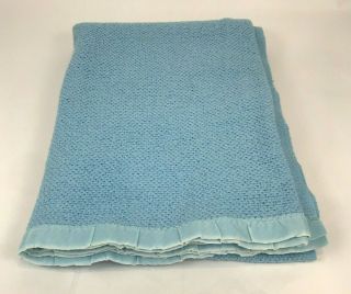 Vintage Acrylic Blanket Waffle Weave Satin Trim Blue 70 X 91