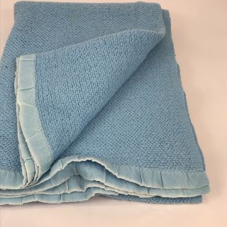 Vintage Acrylic Blanket Waffle Weave Satin Trim Blue 70 x 91 3