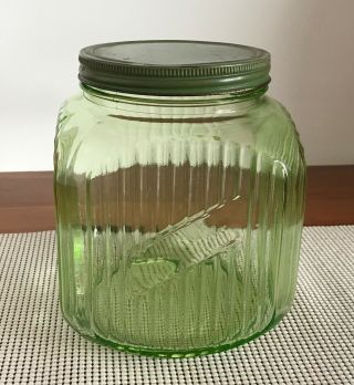Antique Green Hoosier Cabinet Ribbed Depression Glass Cookie Jar W/lid Canister