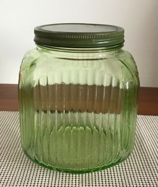 ANTIQUE GREEN HOOSIER CABINET RIBBED DEPRESSION GLASS COOKIE JAR W/LID CANISTER 2