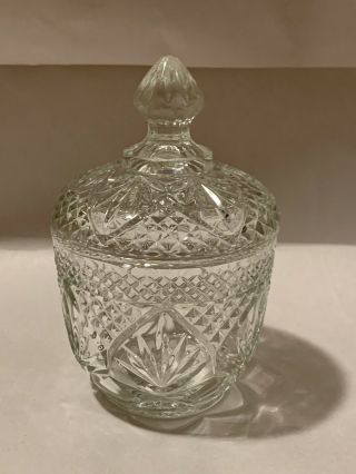 Vintage Diamond Cut Glass Candy Jar With Lid Stamped Usa Sugar Bowl 5.  5 Inches