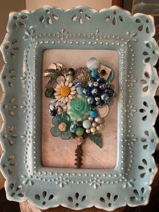 Vintage Jewelry Art Framed 5x7 Teal Blue Antique Bouquet Decoration Gift Floral