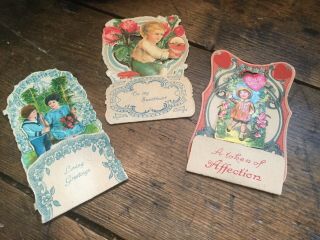 Antique Germany 3 Valentine Cards Pop Up Children Embossed Die Cut Pink Roses