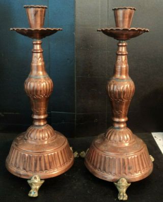 2 Vintage Antique 15 " Hammered Copper Candle Holders Candlesticks W Claw Feet
