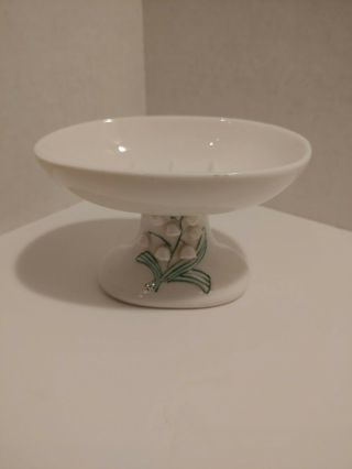 Vintage Pedestal Porcelain Soap Dish.  White Flowers Green Foliage,  Made Japan