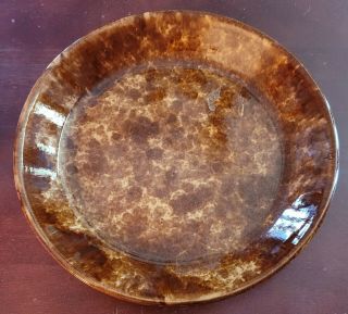 Antique Rockingham ? Glaze Yellow Ware Stoneware Pie Plate Brown Spatter 9.  5 "