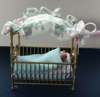 Vintage Dollhouse Miniature 1:12 Brass/metal Canopy Crib With Beads