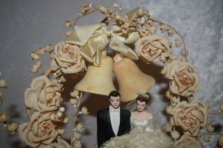 Vintage 1940 ' s Wedding Cake Topper Bride Groom Bells Flowers 10 