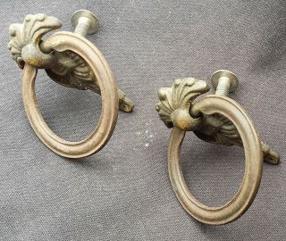 Pair Vintage Antique Deco Brass Drawer Cabinet Furniture Drop Ring Pull Handle 3