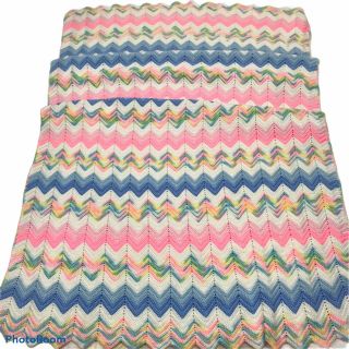 Vtg Handmade Chevron Crochet Afghan Throw Blanket Zig Zag Pastels Pink 86”x 50”