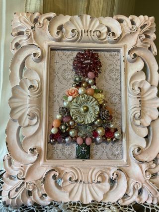 Vintage Jewelry Artwork Framed 5x7 Pink Christmas Tree Antique Drawer Pull Gift