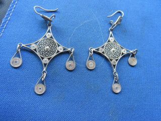 Vintage Sterling Silver Filigree Nepal Rare And Unusual Pierced Wire Earrings