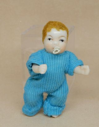 Vintage Porcelain Baby Doll In Baby Walker Artisan Dollhouse Miniatures 1:12