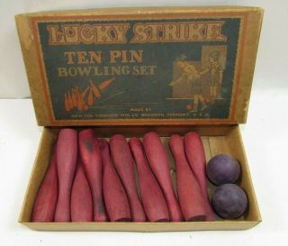 Antique Boxed Lucky Strike 10 - Pin Bowling Set (tabletop Game) Newton Thompson Vt
